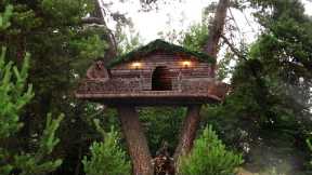 BUSHCRAFT TREEHOUSE - Building a Shelter in the Rainy Forest - Solo Camping in the Wilderness