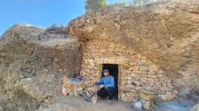 Building a Clay and Stone Survival Shelter with fireplace  in an Old Cave . one Night Solo Survial