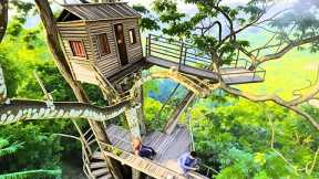 Built a Multi Level Treehouse with Firepit to Survive in the Jungle Safe from Ground Dangers