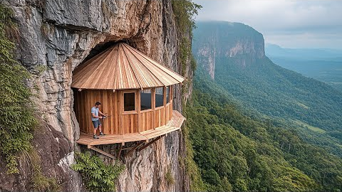 95 days solo survival & Bushcraft,Build a survival shelter on a cliff in the rainforest