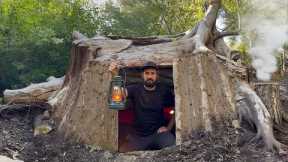 Building a Warm Secret Shelter Under a Fallen Tree | Bushcraft & Survival