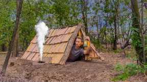 Building a cozy survival shelter. Warm stove, wooden shingles.Bushcraft,Survival Skills.
