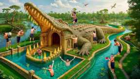 200 Days Building an Underground Crocodile Pool with a Magical Slide System Using Primitive Tools