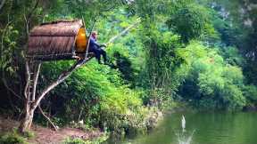 Building a Treehouse Shelter | Lake Fishing & Overnight Survival