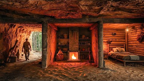 Building a Warm and Cozy Dugout on Cliff for Survival. Bushcraft, Survival