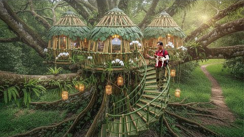 Jungle Survival Skills - Build a Tree House with Bamboo to Avoid Wild Animals