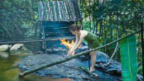 wild survival and foraging skills - Build a wooden hut on a large cliff | Yang