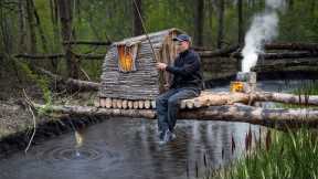 Bushcraft Survival Shelter Over Water | Catch and Cook & Fishing